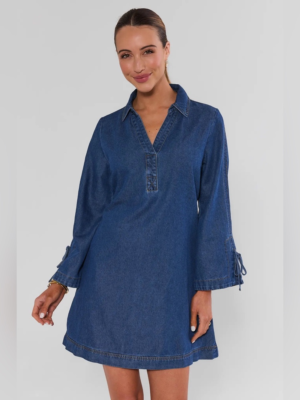 Entro Denim Mini Dress Tie Sleeve Collared Shift Dress Blue Small